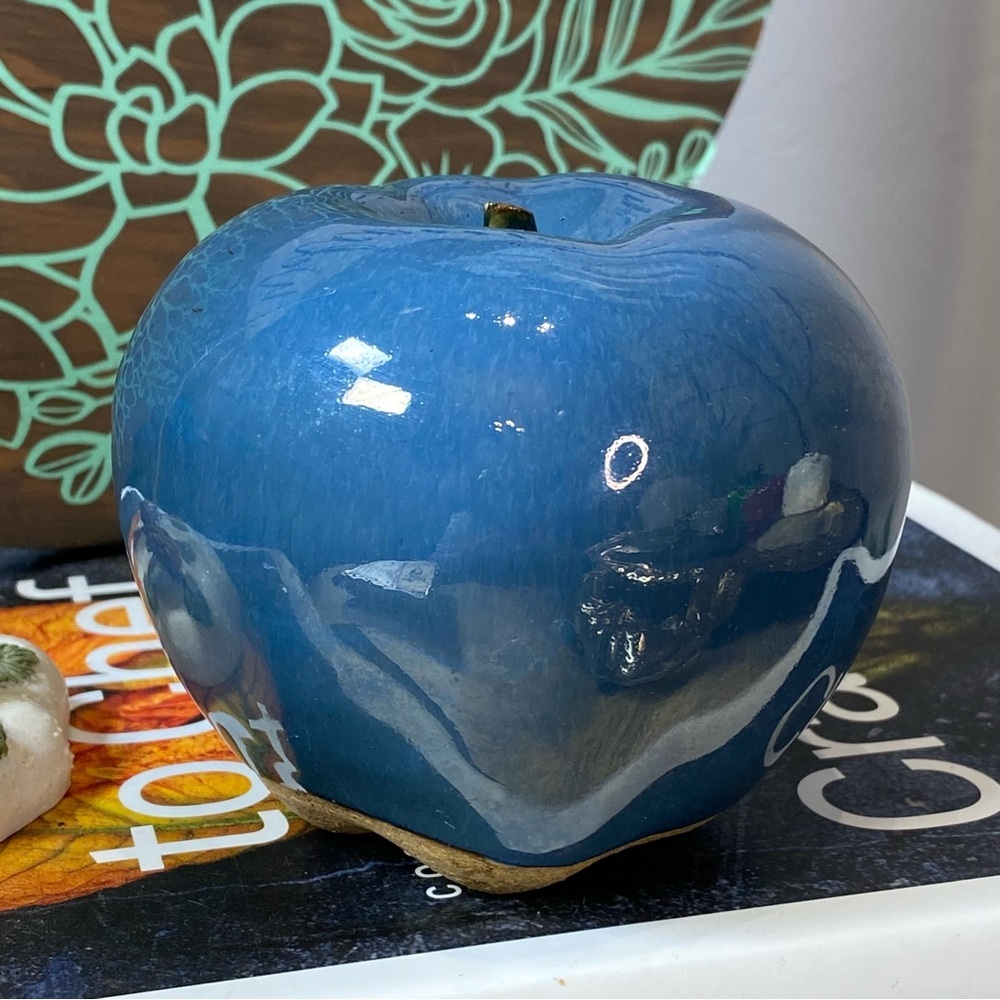 Vintage Handmade Artisan Rustic PotteryGlazed Ceramic blue Fruit Apple 4” heavy